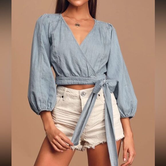 Free People Sophie Denim Wrap Crop Top Light Wash Cotton Sz S Y2K Boho Tie Front - Picture 1 of 9